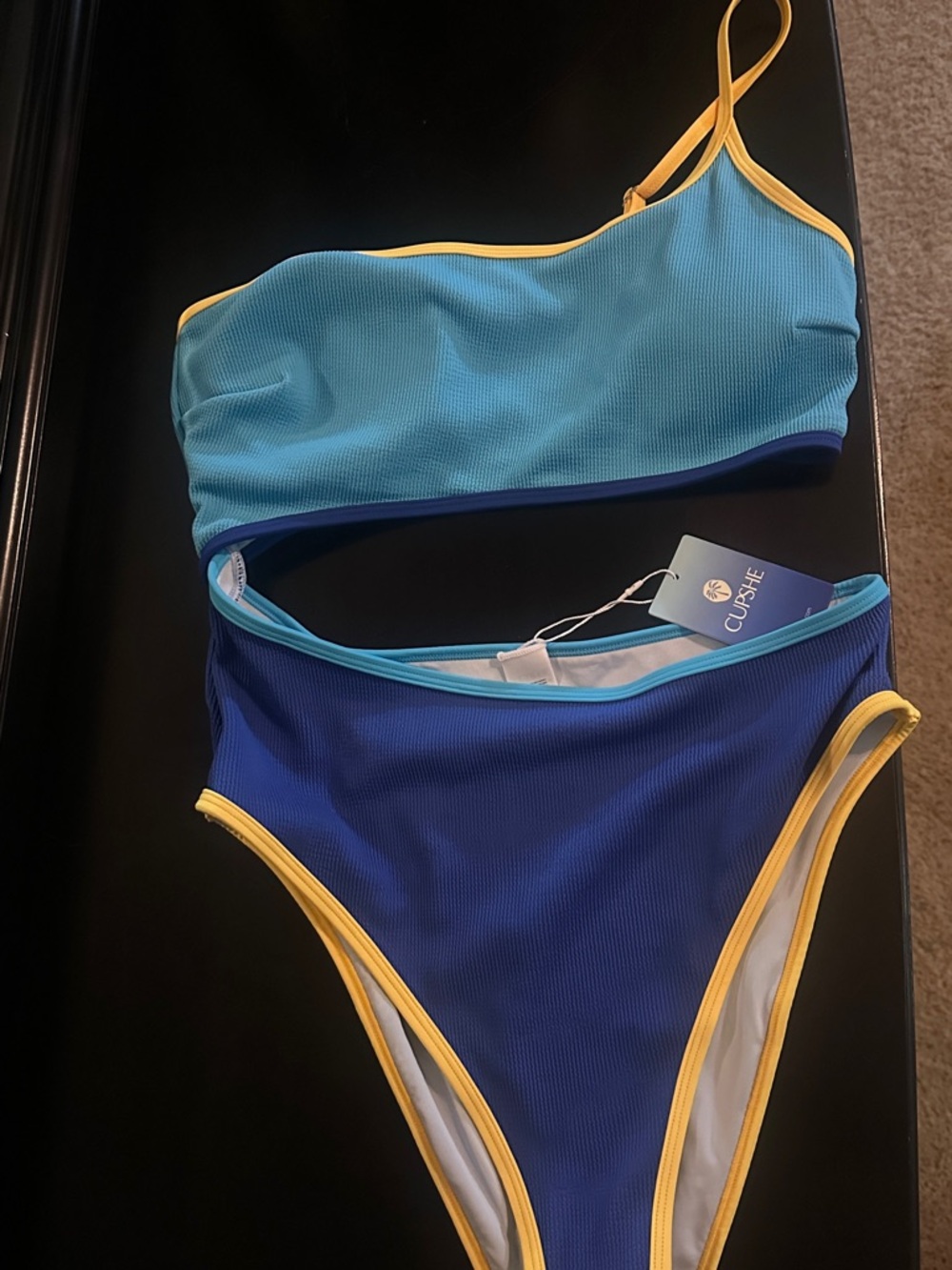 Cupshe Blue & Turquoise One-Shoulder Colorblock Bikini with Yellow Trim